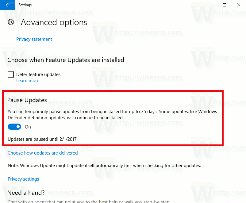 Restricționați accesul la Pauză Actualizări caracteristică în Windows 10