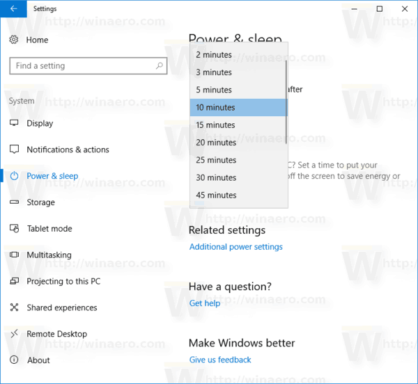 הגדר את זמן כיבוי התצוגה ב- Windows 10