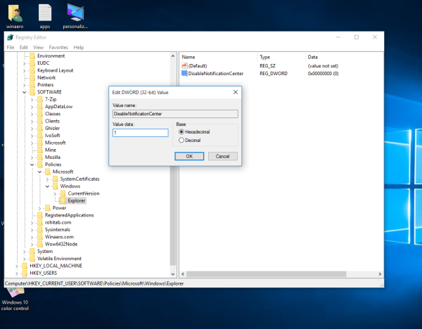 Nonaktifkan Action Center di Windows 10 sepenuhnya