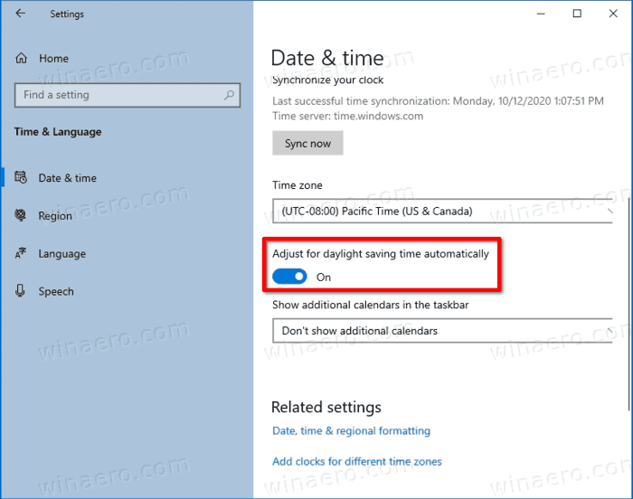 Habilitar o deshabilitar el ajuste para el horario de verano en Windows 10