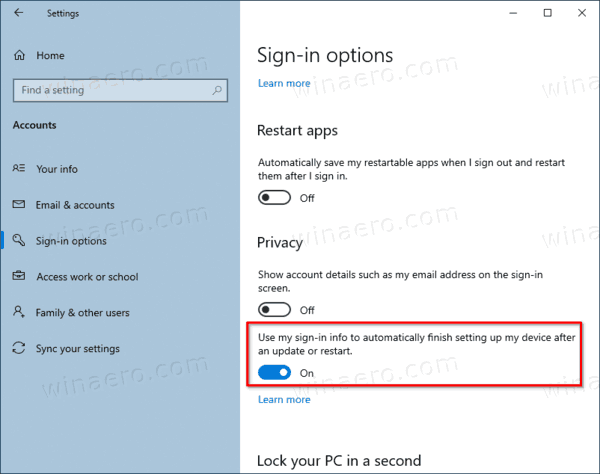 Gunakan Maklumat Log Masuk Untuk Selesai Secara Automatik Selepas Kemas kini atau Mulakan Semula pada Windows 10