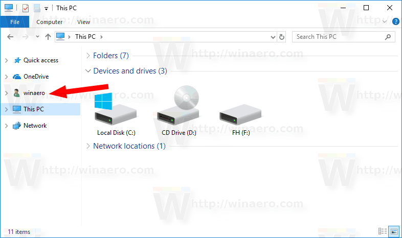 Windows 10'da Gezinme Bölmesine Kullanıcı Profili Klasörünü Ekleyin