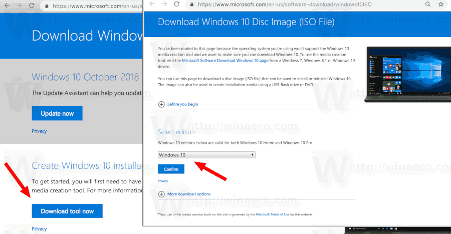 Neposredno brez orodja za medije prenesite slike Windows 10 različice 1809 ISO