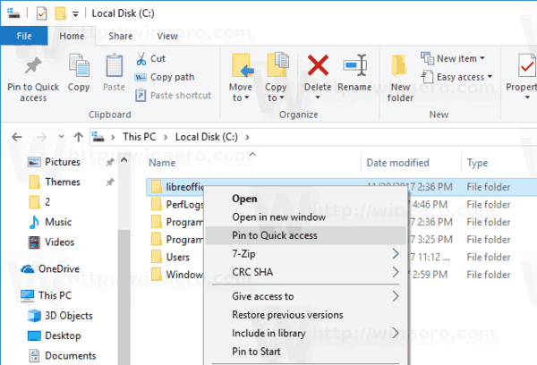 Como remover o pino do menu de contexto de acesso rápido no Windows 10