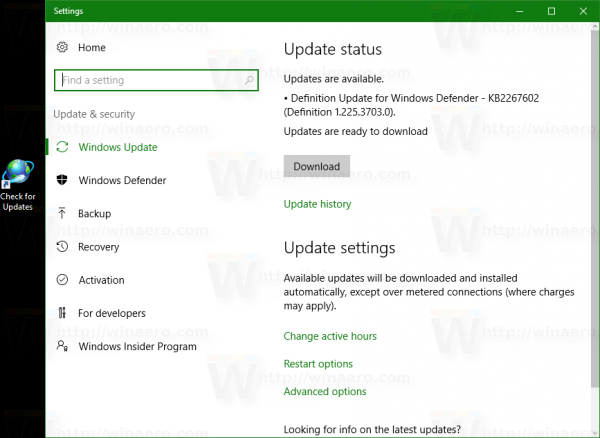 Windows10で更新の確認のショートカットを作成する