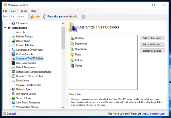 Windows 10, Windows 8 및 Windows 7에서 Winaero Tweaker로이 PC 폴더 사용자 지정