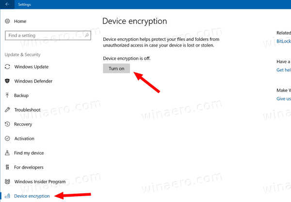 Aktivera eller inaktivera enhetskryptering i Windows 10