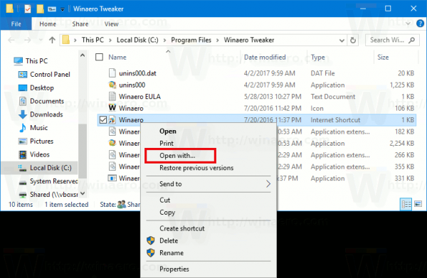 Dodajte Open With u URL datoteke u sustavu Windows 10