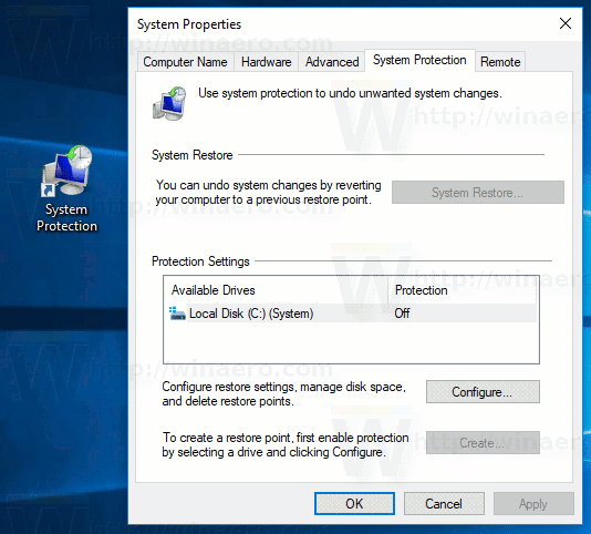 Vytvorte odkaz na ochranu systému vo Windows 10