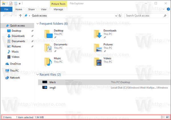 Désactiver la barre d'état dans l'Explorateur de fichiers sous Windows 10