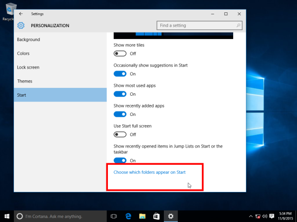 Kaustade lisamine Windows 10 menüü Start vasakule osale