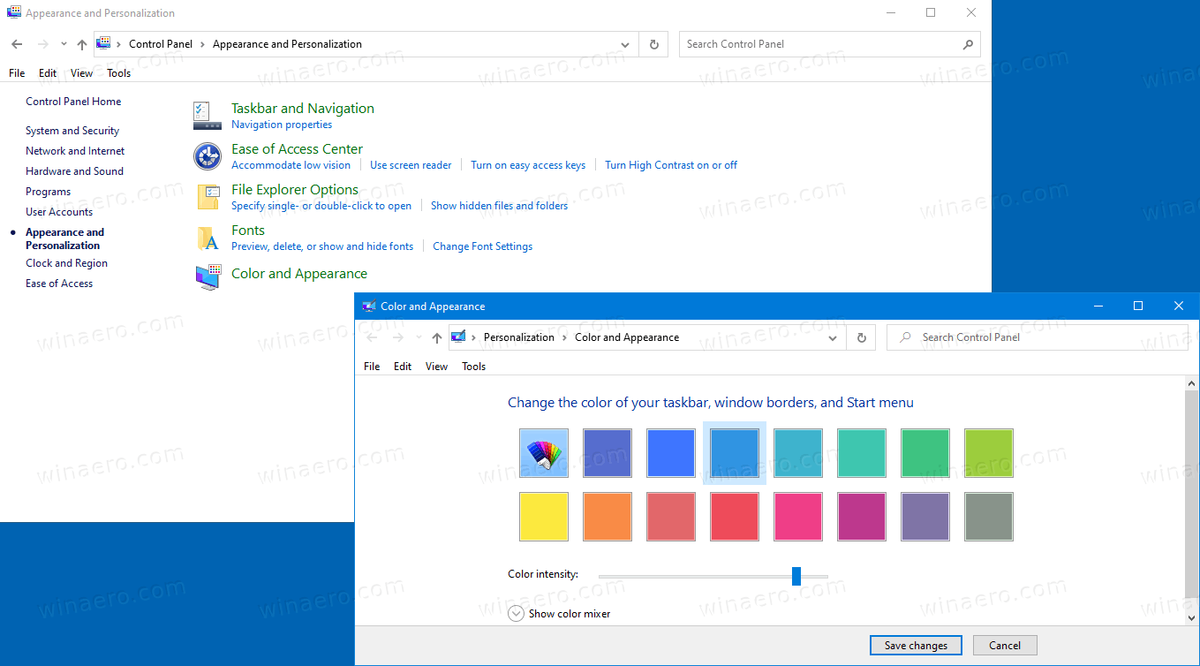 Tilføj klassisk farve og udseende til Kontrolpanel i Windows 10