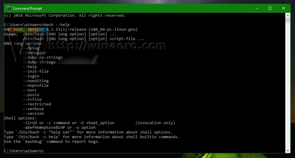 Suorita Linux-komennot cmd.exe-kehotteesta Windows 10: ssä