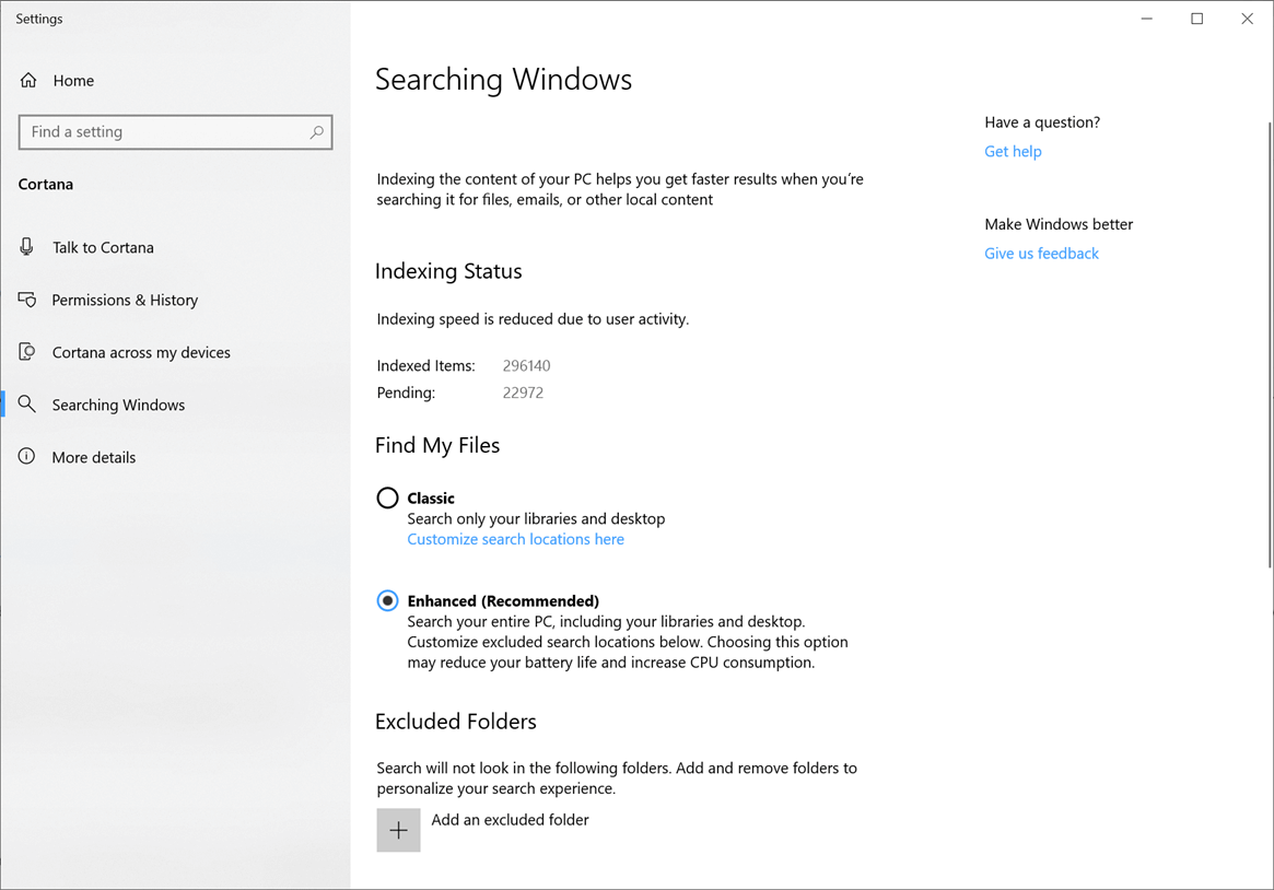 Activeu o desactiveu el mode millorat per a Indexador de cerques a Windows 10