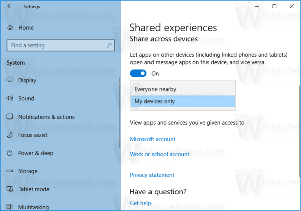 Disabilita le esperienze condivise in Windows 10