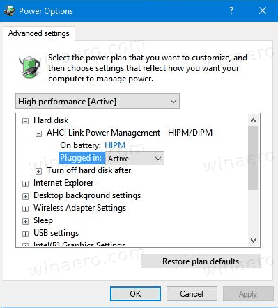 Pievienojiet AHCI Link enerģijas pārvaldību - pielāgojiet enerģijas opcijām sistēmā Windows