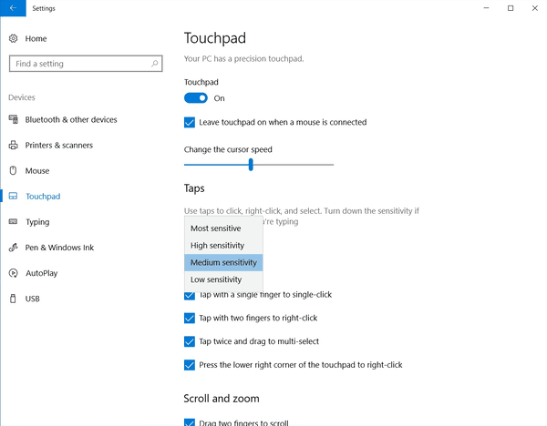 Windows 10에서 터치 패드 감도 변경