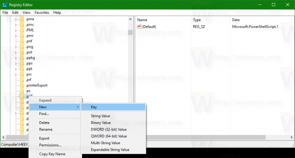 फ़ाइल एक्सप्लोरर के नए संदर्भ मेनू में PowerShell फ़ाइल (* .ps1) जोड़ें