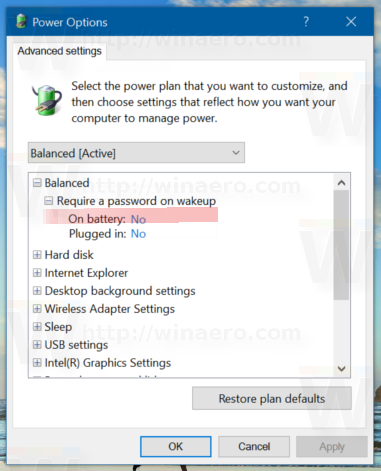 Добавяне Изискване на парола при събуждане към Power Options в Windows 10
