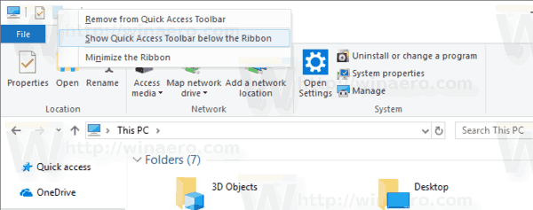 Spostare la barra degli strumenti di accesso rapido sotto la barra multifunzione in Esplora file
