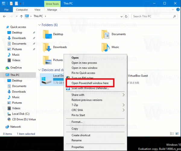 Odeberte zde otevřené okno PowerShellu z místní nabídky ve Windows 10