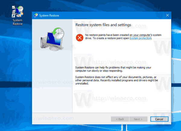 Vytvorte odkaz na Sprievodcu obnovením systému v systéme Windows 10