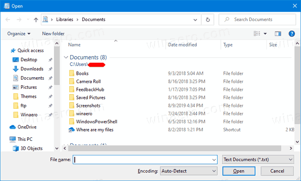 Poista Takaisin-painike käytöstä Yhteinen avoin tiedosto -valintaikkunassa Windows 10: ssä