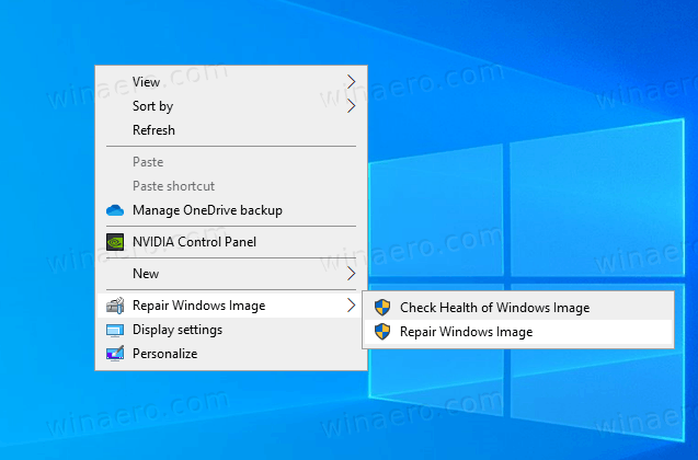 Dodajte kontekstni meni za popravilo slike Windows v sistemu Windows 10