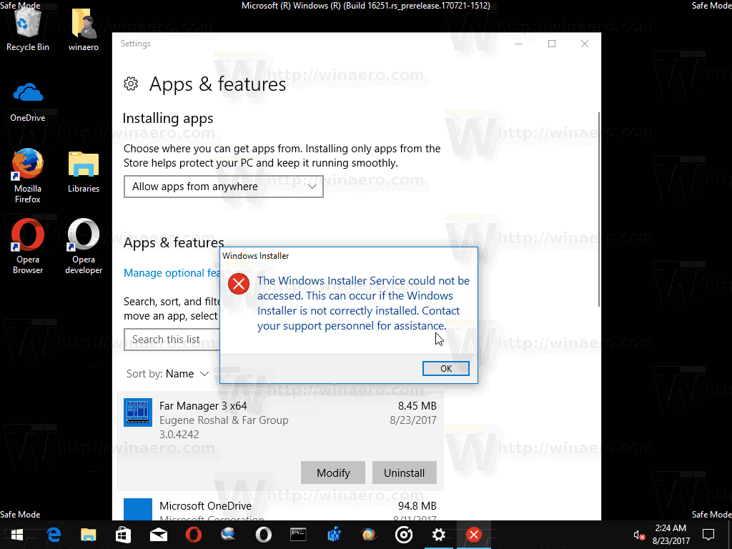 Chcete-li odebrat aplikace, povolte Instalační službu systému Windows v nouzovém režimu