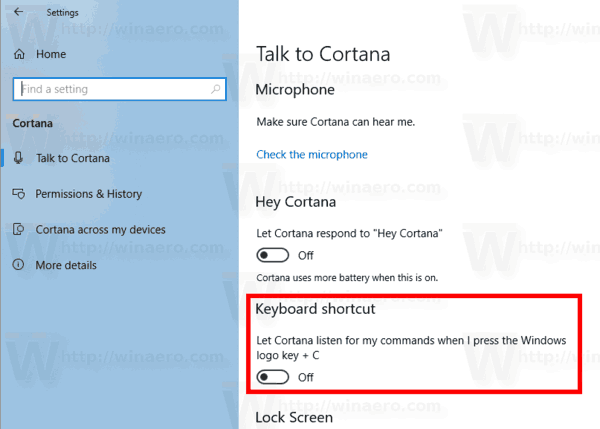 Schakel Cortana Listen Keyboard Shortcut in in Windows 10