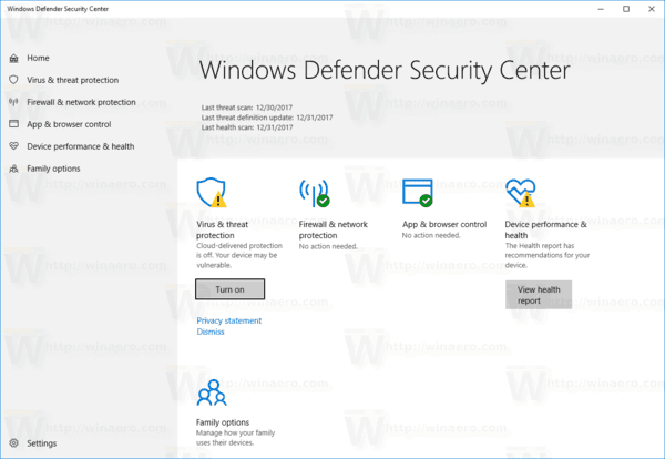 Προσθέστε το Windows Defender στον Πίνακα Ελέγχου στα Windows 10