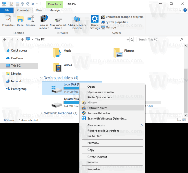 Afegiu el menú contextual Optimize Drives a Windows 10