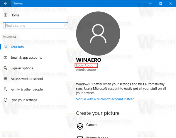 Raskite, ar naudojate vietinę ar „Microsoft“ paskyrą sistemoje „Windows 10“