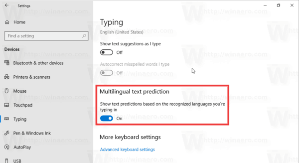 הפעל או השבת חיזוי טקסט רב לשוני ב- Windows 10