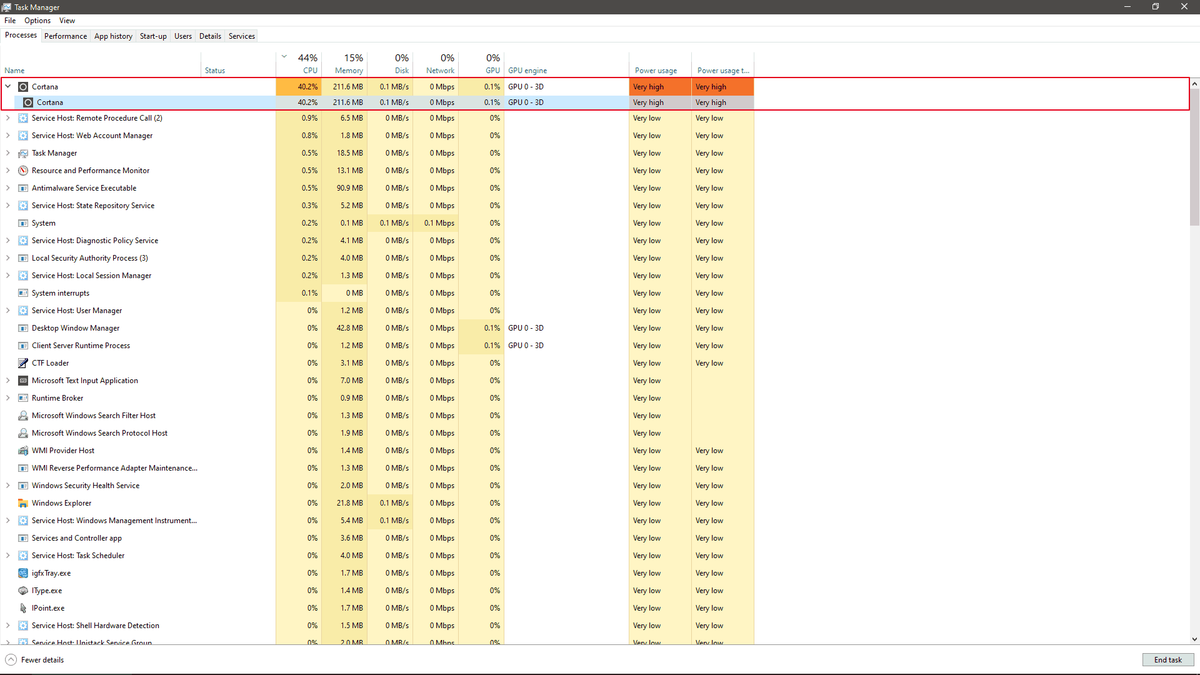 Microsoft tutkii Windows 10 KB4512941: n suuren suorittimen käytön SearchUI.exe-ohjelmassa