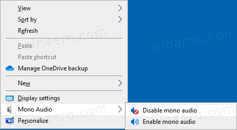 Windows 10에서 모노 오디오 컨텍스트 메뉴 추가