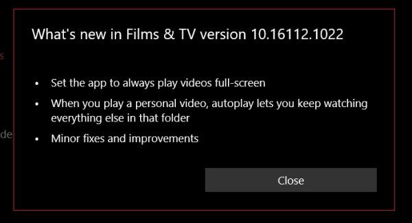Rakendust Microsoft Movies & TV värskendati funktsiooniga Fast ring with AutoPlay