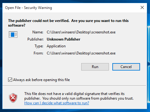 Deaktivieren der Meldung 'Publisher konnte nicht überprüft werden' in Windows 10