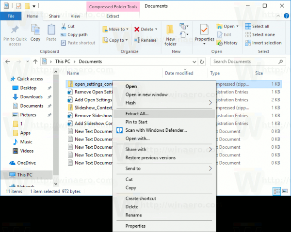 Usuń Wyodrębnij wszystko z menu kontekstowego w systemie Windows 10