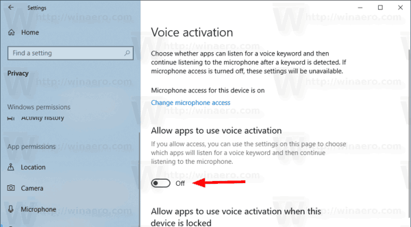 Disabilita l'accesso delle app all'attivazione vocale in Windows 10