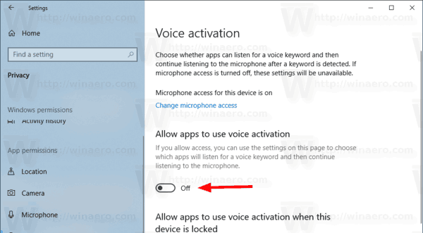 تعطيل وصول التطبيق إلى التنشيط الصوتي في نظام التشغيل Windows 10