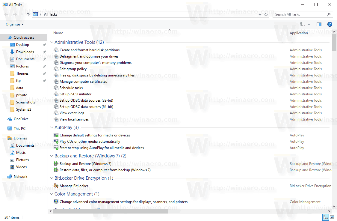 Tạo tất cả công việc Thanh công cụ của God Mode trong Windows 10