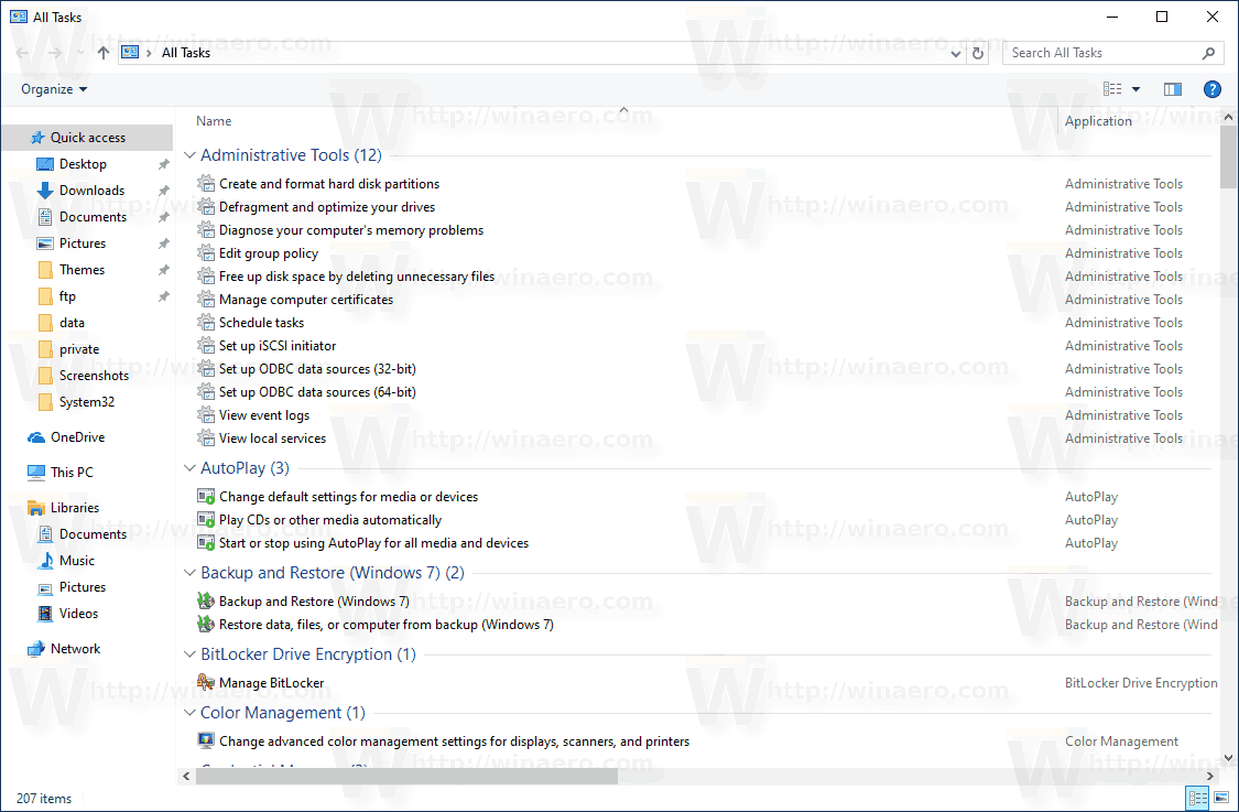 Opret alle opgaver God Mode Toolbar i Windows 10