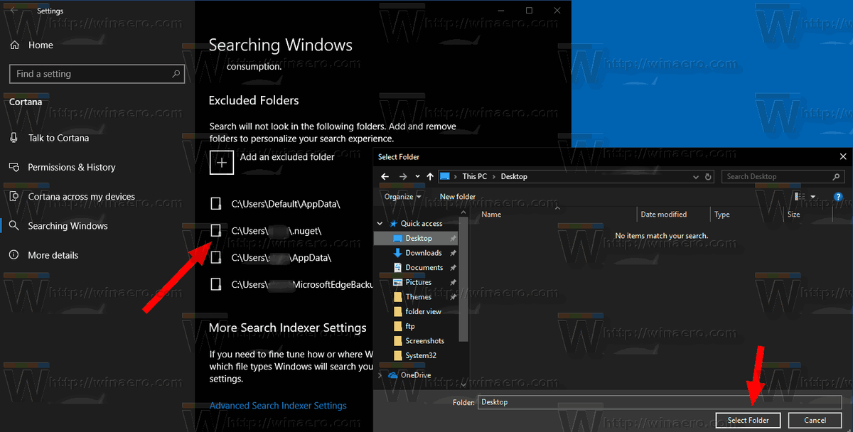 Pridanie alebo odstránenie vylúčených priečinkov indexovania vyhľadávania v systéme Windows 10