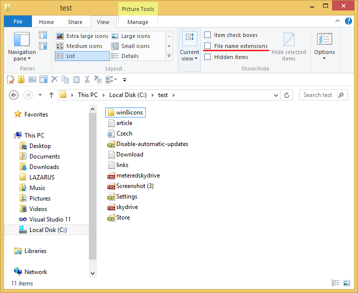 Windows 8.1에서 파일 확장명을 표시하거나 숨기는 방법