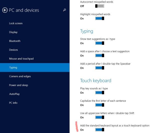 Activați tastatura completă (aspectul standard al tastaturii) în tastatura tactilă din Windows 8.1