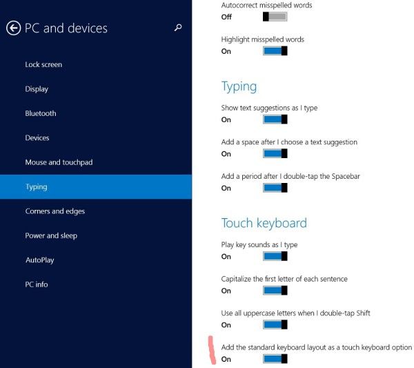 विंडोज 8.1 के टच कीबोर्ड में पूरा कीबोर्ड (मानक कीबोर्ड लेआउट) सक्षम करें