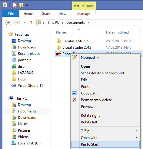 Kā pievienot izvēlnes vienumu “Piespraust sākuma ekrānam” visiem Windows 8.1 failiem