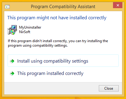 Desactiveu el missatge 'És possible que aquest programa no s'hagi instal·lat correctament'