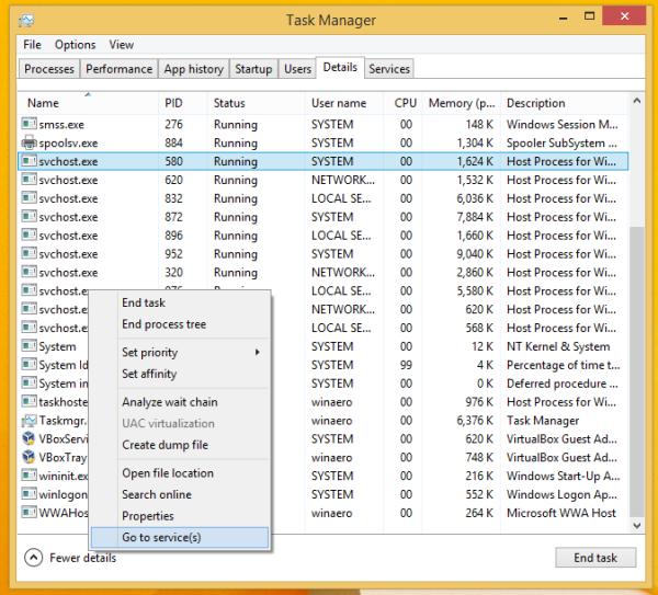 Hvordan se tjenester relatert til en prosess i Windows 8